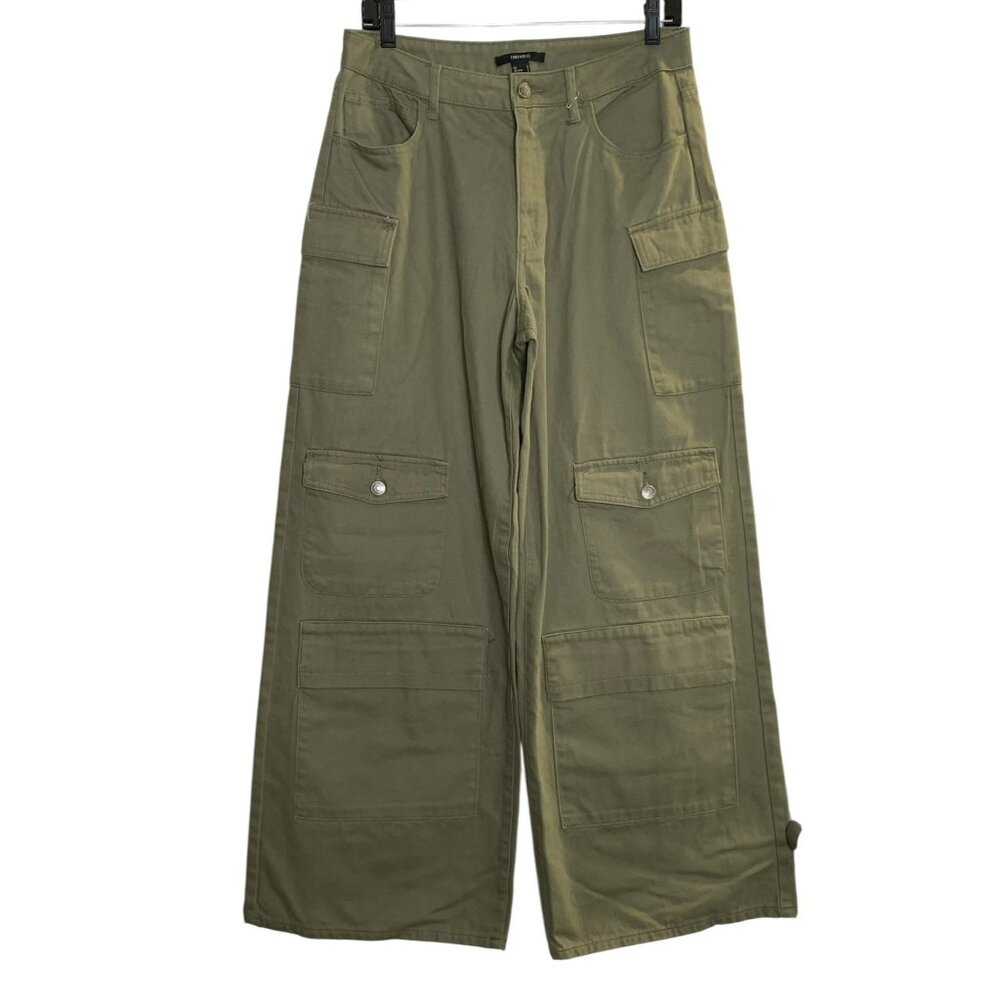 Forever 21 Women's High-Waisted Olive Cargo Pants Large Wide-Leg NWT - Picture 2 of 7